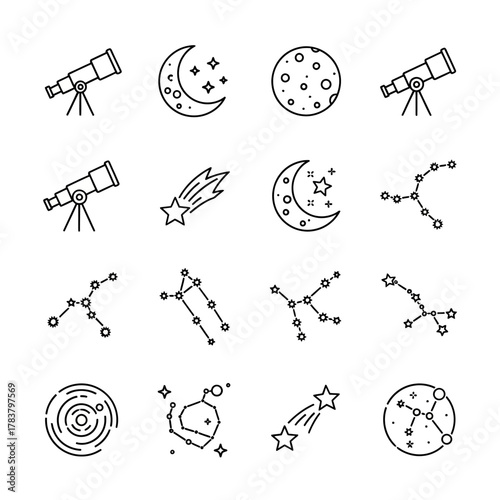 Set of black outline astronomy icons featuring telescopes, moons, shooting stars, and constellations in a simple, minimalist line art style.