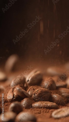 Tonka beans and cocoa dust fall slowly in golden light, creating a smooth aromatic dream mood