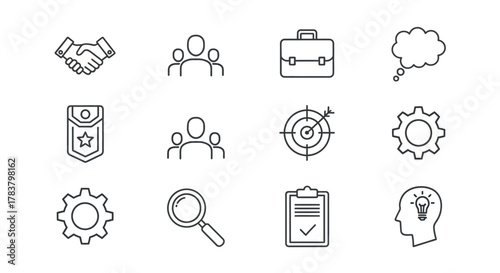 Set of twelve business and strategy icons in a sketchy, hand-drawn thin line art style.