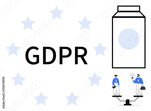 GDPR text encircled by stars, a milk carton symbolizing data, and two figures balancing scales. Ideal for compliance, privacy, security, digital rights, regulation governance awareness. Simple flat