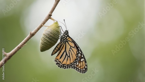 Monarch butterfly emerging from chrysalis on a branch.