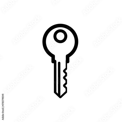 Simple Black and White Key Icon with Circular Head and Serrated Edge.