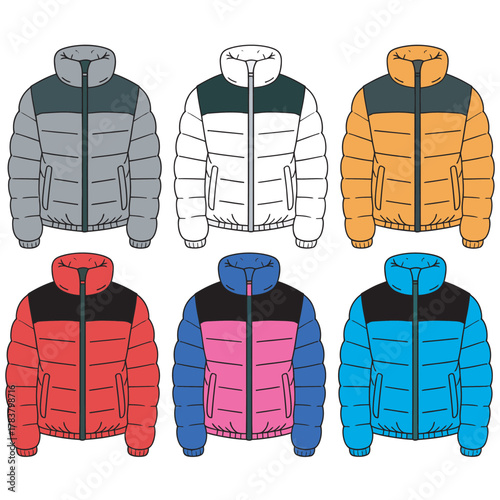 A collection of colorful puffer winter jacket vector set illustrations