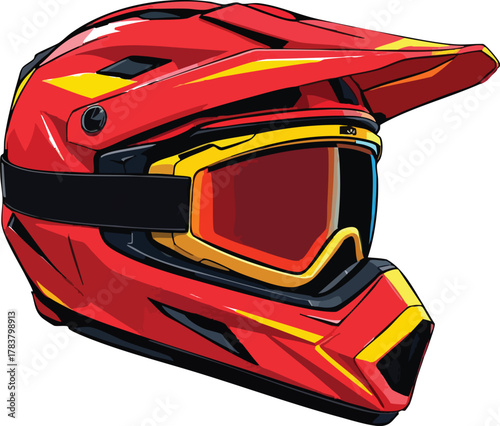 Red motocross helmet with integrated goggles and angular visor vector illustration