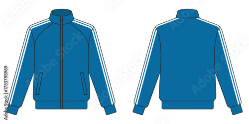 Technical fashion illustration of a blue sportswear jacket design with stripes