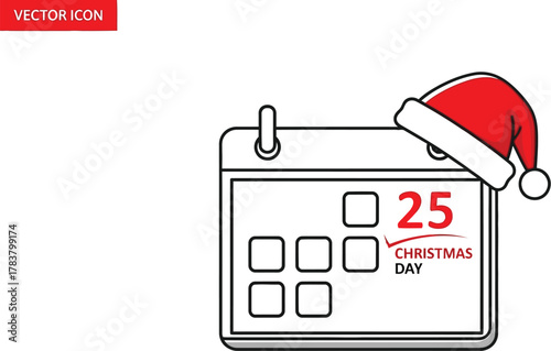Calendar icon with santa hat marking christmas day on the twenty fifth of december