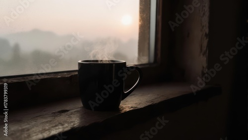 Mug on a windowsill at sunrise with a misty landscape.