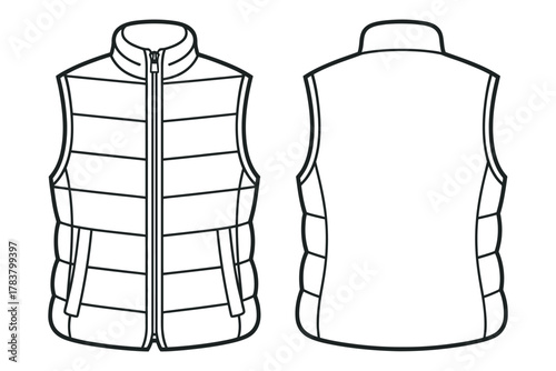 Technical fashion illustration of a modern padded sleeveless vest design for apparel