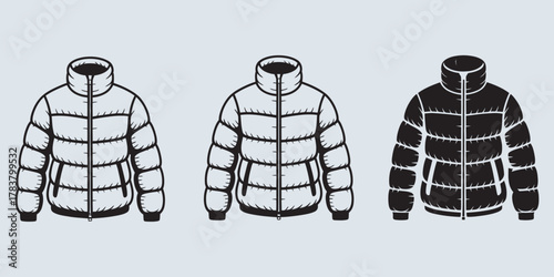 Modern stylized puffer jacket illustrations for cold weather apparel designs