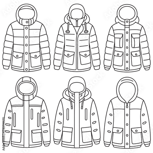 A black and white line art illustration set of various insulated winter jackets