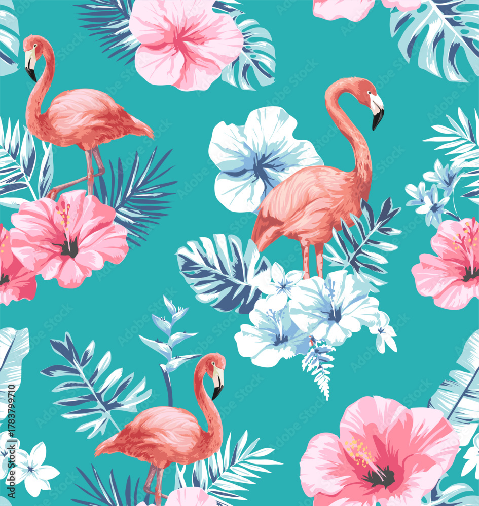 Obraz premium seamless pattern of flamingos and pink hibiscus flowers vector illustration - created by hand drawn