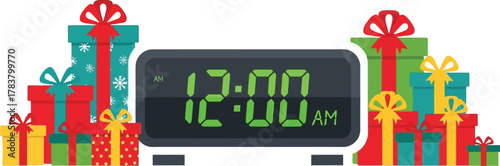 Digital clock showing midnight surrounded by colorful christmas presents vector art