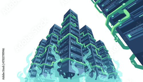 Low-Angle View of Massive Futuristic Data Center Servers Architecturally Built as Cloud Computing Skyscraper Towers.