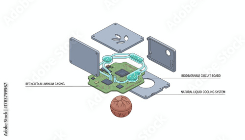 Sustainable Electronic Device Design Blueprint: Exploded View of Biodegradable Circuit Board, Recycled Casing, and Natural Cooling System