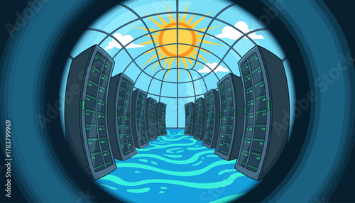 Sustainable Liquid Cooling Data Center: Server Racks Submerged in Water Under a Sunny Glass Dome Illustration