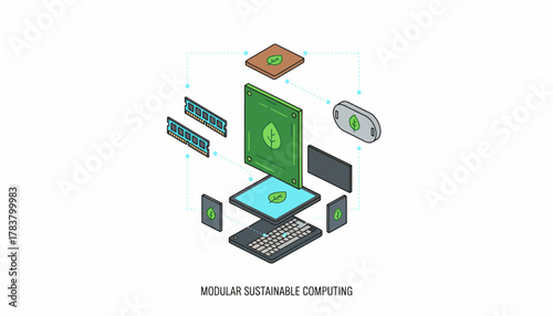 Isometric Illustration of Modular Sustainable Computing Components for Green Technology and Repairable Electronics