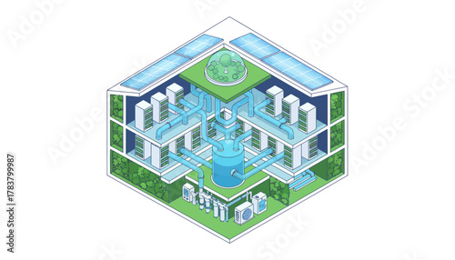 Green Data Center Infrastructure: Isometric View of Sustainable Cooling Systems, Solar Panels, and Eco-Friendly Server Racks