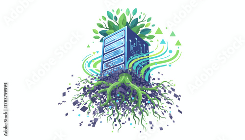 Green Computing: Sustainable Data Center Server Rack Growing Roots and Leaves, Representing Eco-Friendly IT Infrastructure and Technology Growth