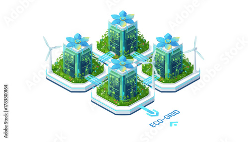 Sustainable Eco-Grid Data Center Network. Isometric illustration of green server racks powered by wind energy and ecological connections.