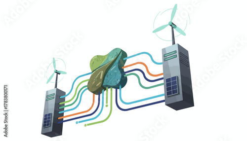 Green Technology Concept: Data Flow from Renewable Energy Towers to an Organic Cloud Core Representing Sustainable Computing Infrastructure.
