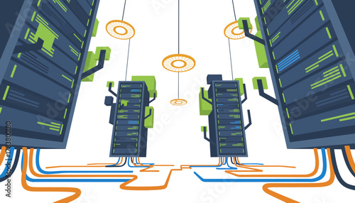 Scalable Data Center Infrastructure Illustration with Server Racks and Flowing Network Cables