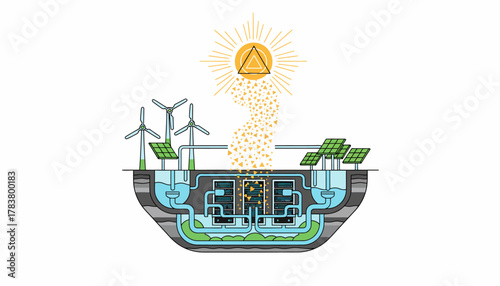 Renewable Energy Cycle Infographic: Solar, Wind Power Generation and Underground Storage Concept