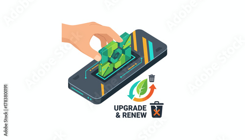 Digital Upgrade and Renewal Concept: Hand Interacting with Smartphone for Eco-Friendly System Transformation