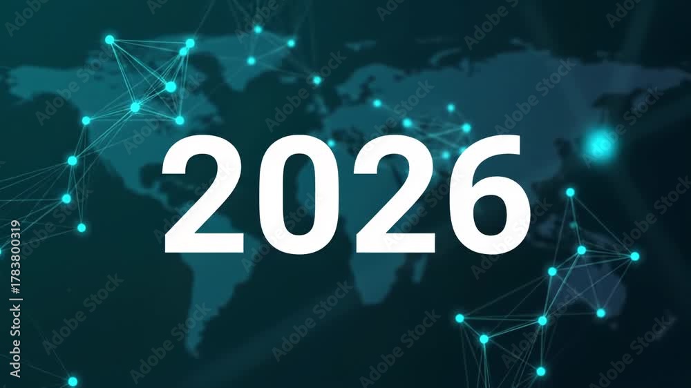 Year 2026 Digital Network Connection World Map With Glowing Nodes And 1000 F 1783800319 