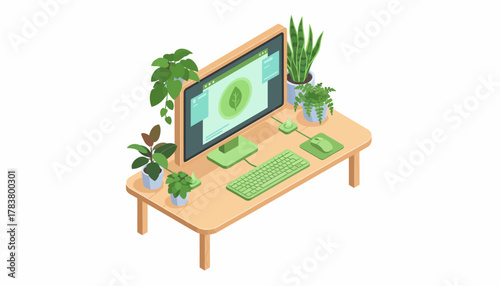 Green Technology Workspace: Isometric Desk Setup with Potted Plants, Promoting Sustainability and Biophilic Design