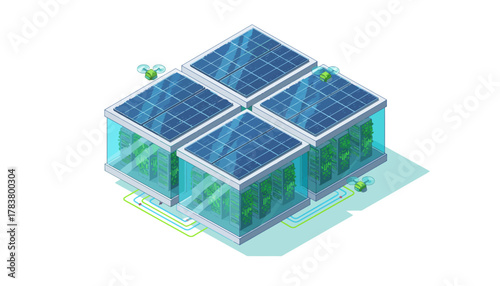 Green Sustainable Data Center Powered by Solar Energy - Isometric Server Farm with Vertical Farming and Eco-Friendly Cooling