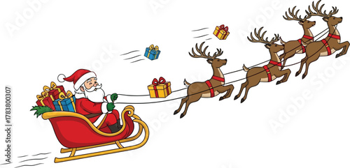 Santa claus flying in his sleigh pulled by reindeer delivering christmas presents