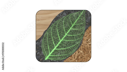 Neon Green Bio-Design Leaf Icon: Sustainable Technology Fused with Wood, Gravel, and Mulch