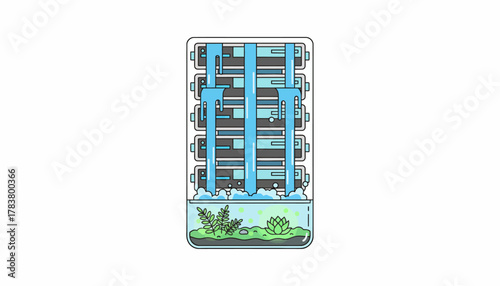 Green Data Center Concept: Server Rack with Waterfall and Plant Ecosystem Cooling, Symbolizing Sustainability and Eco-Friendly IT Infrastructure