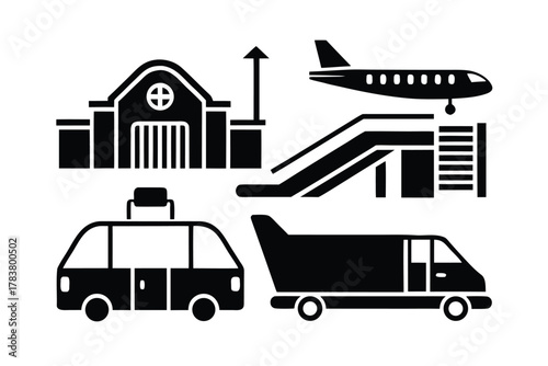 Airport Transportation and Building Icons Set Keywords: airplane, airport, building, terminal, bus, van, luggage, stairs, travel, transportation