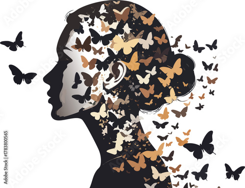 Human Silhouette Dissolving into Butterflies Representing Transformation Metaphor
