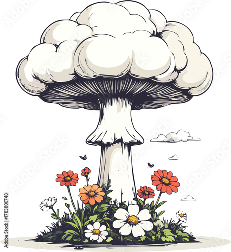 Mushroom Cloud Transforming into Blooming Flowers Representing Peace After Destruction