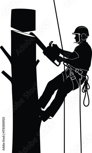 Arborist cutting tree with chainsaw, professional tree worker climbing using safety harness and rope, forestry maintenance, lumberjack, pruning, and outdoor work concept illustration.