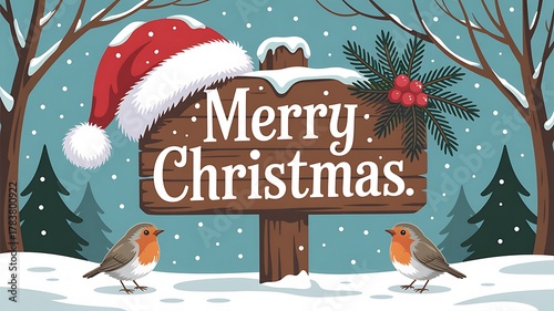 Charming winter scene with robins and a merry christmas sign under a santa hat