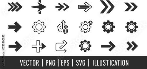 Arrow and gear icon set vector illustration, direction and process symbols, navigation and technology concept design elements for interface and workflow graphics
