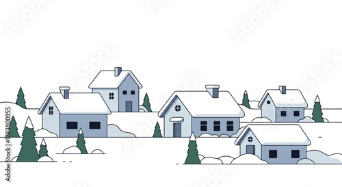 Charming Winter Village Scene with Snow Covered Houses and Evergreen Trees Flat Design Illustration