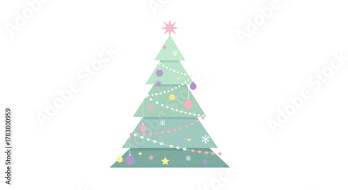 Whimsical Pastel Christmas Tree Decoration with Lights and Ornaments Minimalist Holiday Design