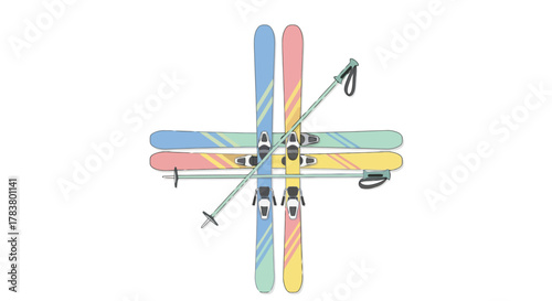 Colorful Ski Equipment Arranged Artfully on White Background Winter Sports Alpine Adventure and Outdoor Recreation Concept