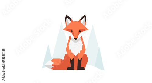 Cute Geometric Red Fox Sitting in Snowy Landscape Modern Flat Illustration