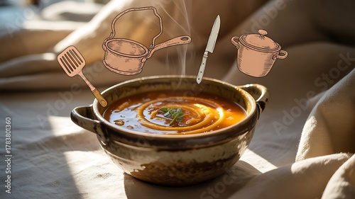 Fototapeta Naklejka Na Ścianę i Meble -  Steaming hot bowl of soup with cooking utensils floating above, concept of homemade food preparation
