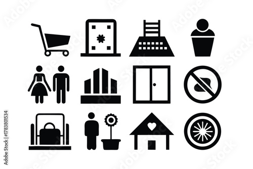 Black silhouette icons of shopping, people, buildings, and signs on white Keywords: icon, silhouette, shopping cart, person, people, couple