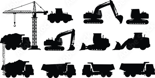 Construction vehicles silhouettes set, heavy equipment machines icons collection, excavator, bulldozer, dump truck, tower crane, loader, industrial machinery vector illustration