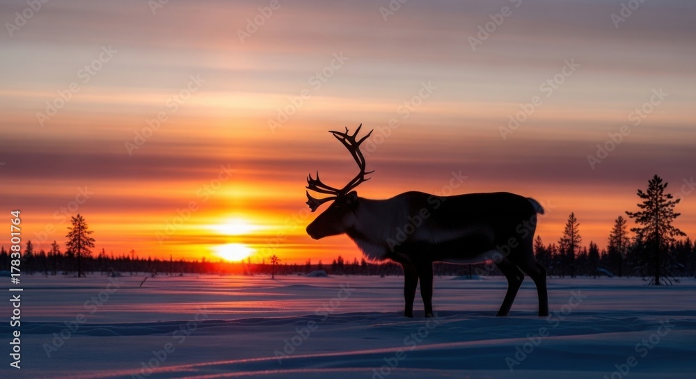 Naklejka premium Reindeer silhouette at sunset in winter landscape
