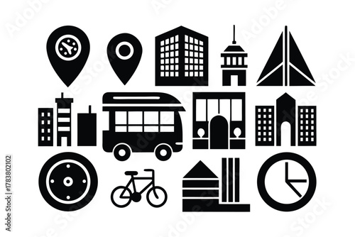 Collection of black city and transportation icons on white background Keywords: city, urban, transportation, building, bus, bicycle, clock, map