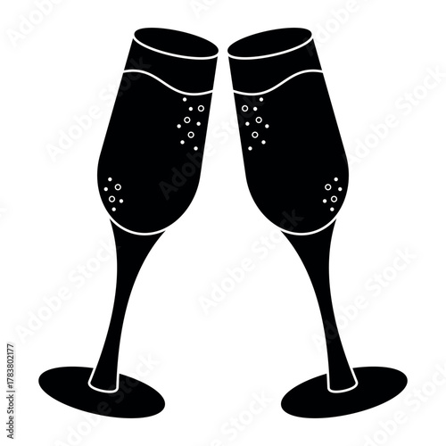 Two clinking champagne glasses. Black silhouette of two champagne glasses clinking with bubbles. Minimal elegant icon of sparkling wine toast for celebration, party, love, wedding, anniversary