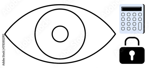 Large eye icon beside calculator and padlock. Ideal for analytics, security, privacy, surveillance, data protection, calculation, and vision concepts. A simple flat metaphor